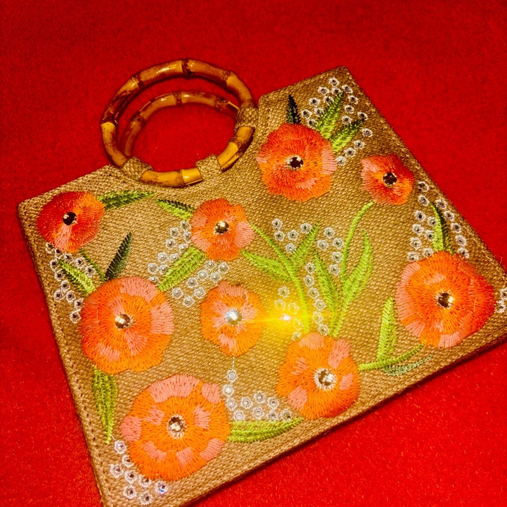 Floral Embroidered Handbag with Bamboo Handles